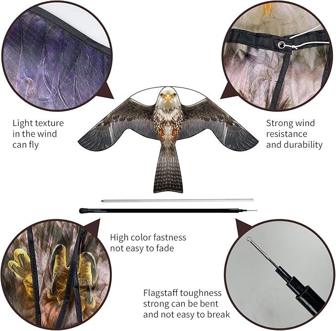 eyijklzo Bird Scaring Flying Kite Deterrents Crops Defenders Farm Protector Bird Fake Hawk Flying Eagle Kite to Keep Birds Away with 4m Telescopic Pole