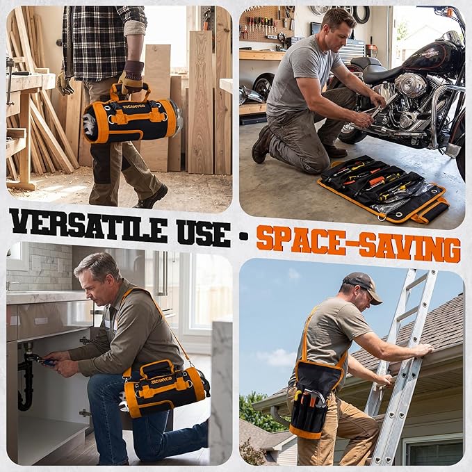 Roll Up Tool Bag, Heavy Duty See-Through Tool Roll Organizer with 2 Detachable Pouches, Portable Mechanic & Motorcycle Tool Bag, Birthday & Father’s Day Gift, Orange