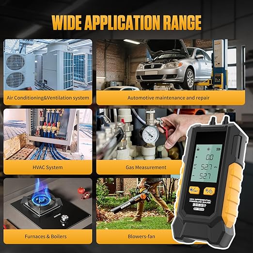 PT503 Manometer Gas Pressure Tester,Dual-Port HVAC Digital Manometer with Range of -100 to 200 KPa, 6 Units, Data Retention, 7Adapters,