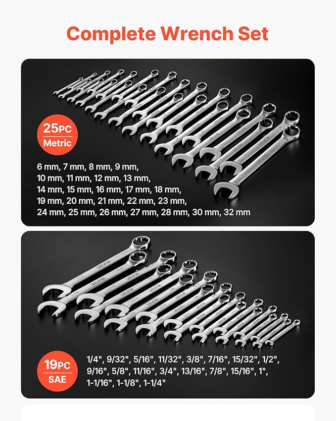VEVOR Combination Wrench Set, 44-Piece SAE and Metric, 12-Point Box End and 15° Angled Open End Combination Wrenches with Roll Up Pouch, Carbon Steel, for General Household and Automotive Repairs