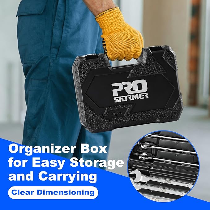 Prostormer 14-Piece Metric Flex-Head Ratcheting Wrench Set, 6-19mm Combination Wrench Kit with Storage Case, 72 Tooth, Cr-V Steel Constructed
