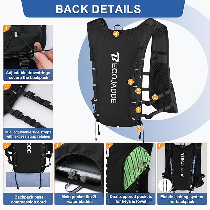 Running Vest Hydration Backpack for Men Women, 5L Lightweight Running Backpack Hydration Pack for Marathon, Trail, Cycling, Hiking, Jogging