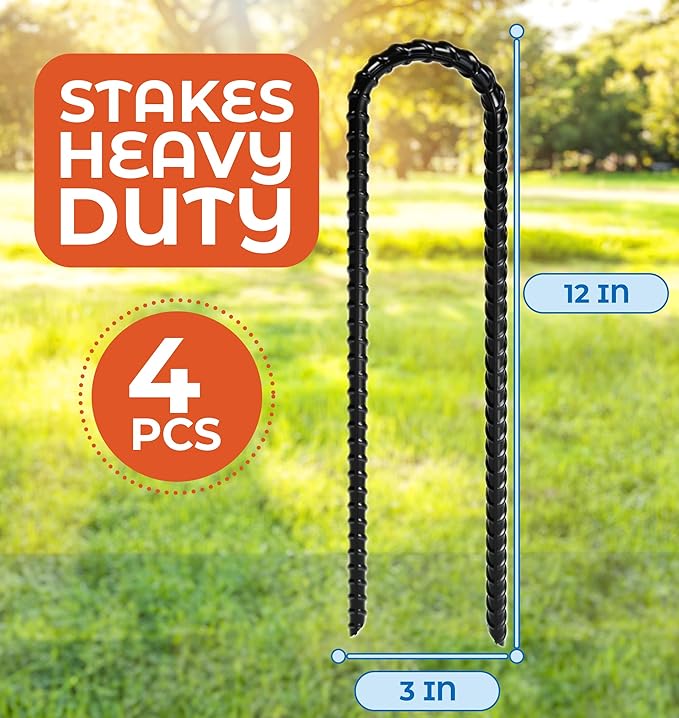 Happin® Trampoline Stakes, Trampoline Accessories, Ground Stakes Heavy Duty, Ground Anchors Screw in, Rebar Stakes, Tent Anchors, Yard Spikes, Galvanized Steel (4 Pack, Black)
