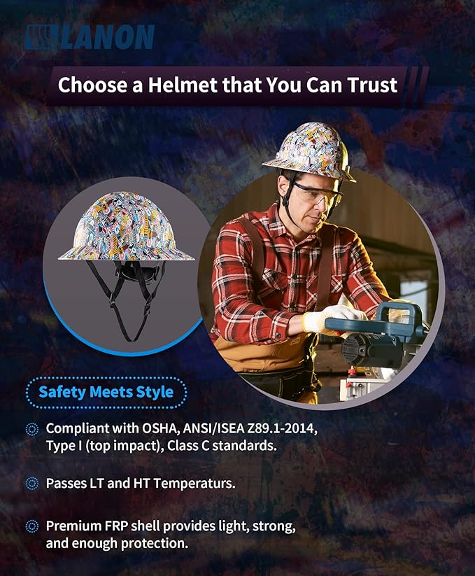 LANON Full Brim Hard Hat, OSHA Construction Work Approved, Premium Multicolor Design, FRP Safety Helmet with 4 Point Adjustable Ratchet Suspension, Class C