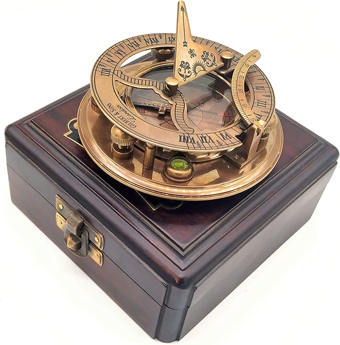 Antique Brass & Copper Sundial Compass – A Unique Gift of Elegance with Sundial Clock, Ship Replica Watch, and Presentation Box