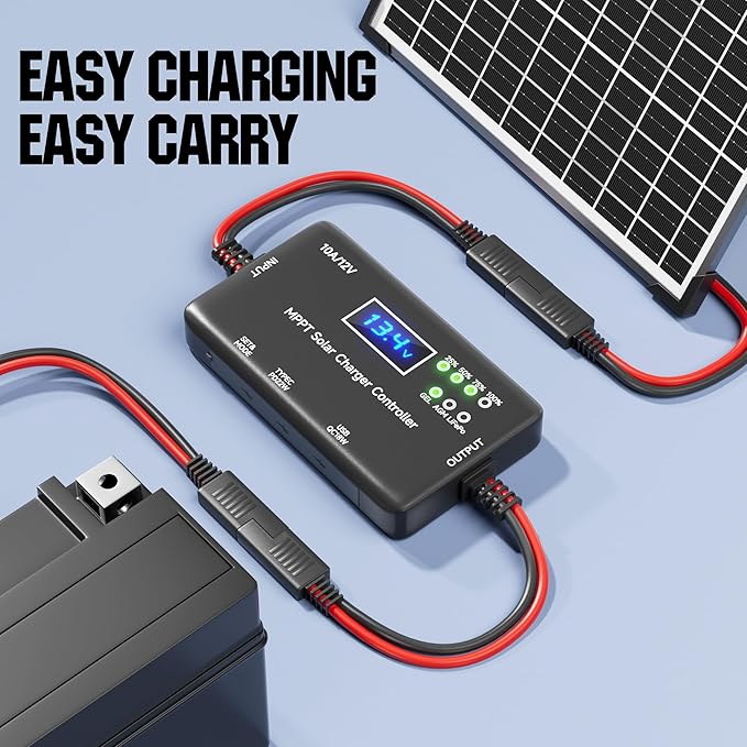 Sunapex MPPT Solar Charge Controller: 12V 10A Charge Controllers for Solar Panels with LCD Display LED Indicate Type-C USB Output - Smart Regulator for RV Boat Car Battery - Supports AGM Gel LiFePO4
