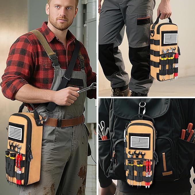 Heavy Duty Small Tool Bags for Men with Carabiner,Tactical Tool Pouch Bag,Portable Utility Tools Storage Organizer Case with Shoulder Strap for EDC,Motorcycle,Camping,Road Trip, Electricians