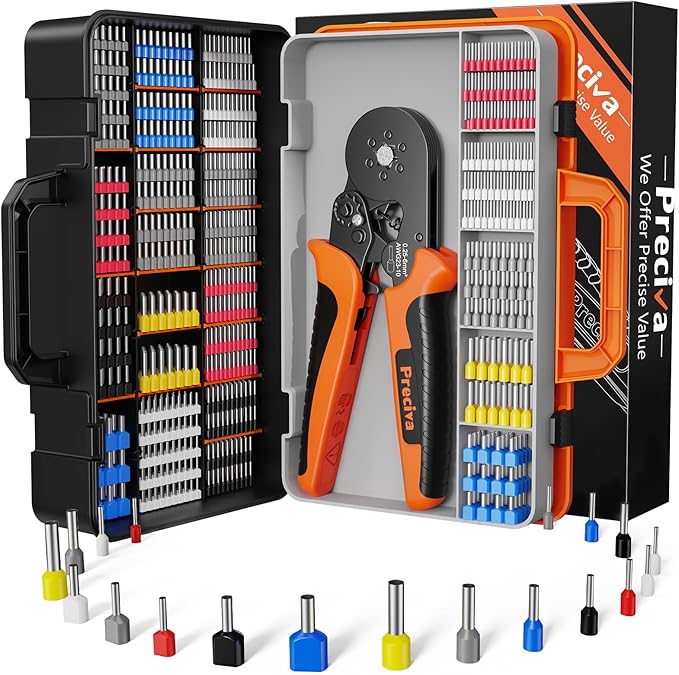 Preciva Ferrule Crimping Tool Kit, Hexagonal Ferrule Crimper AWG23-10/0.25-6mm² with 19 Sizes Wire Connectors, Self-Adjustable Ratchet Wire Crimping Pliers