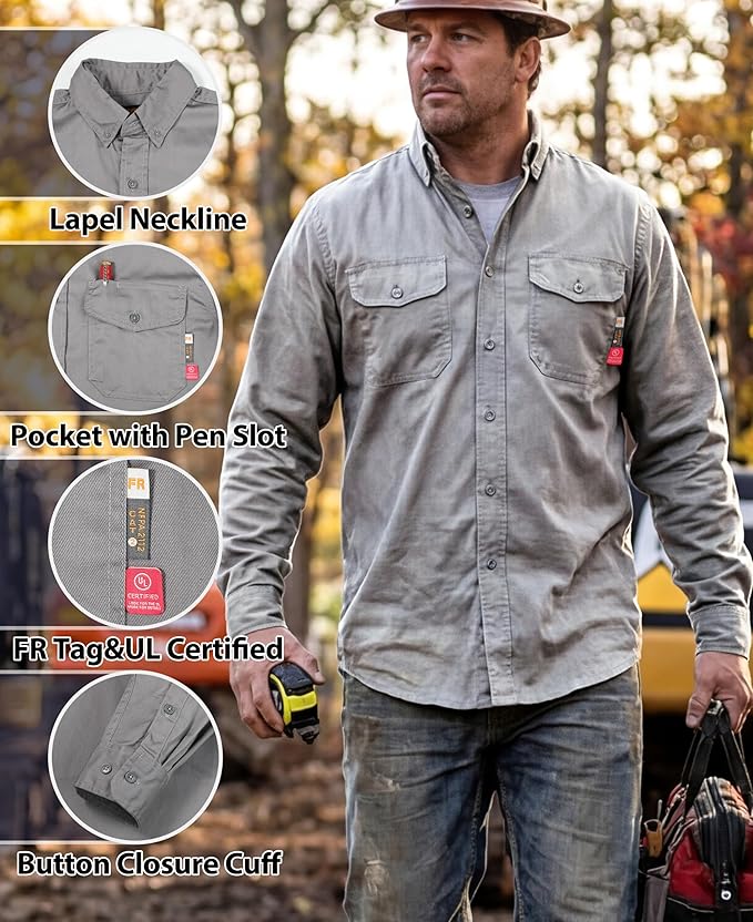 KONRECO FR Shirts for Men 6.5oz Lightweight Work Uniform Flame Resistant Welding Shirt/Water & Stain Repellent