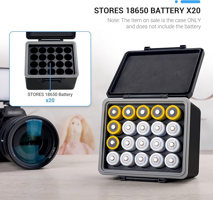 JJC 20 Slots 18650 Battery Case, High Capacity Water-Resistant Anti-Shock Anti-Dust, 18650 Battery Organizer