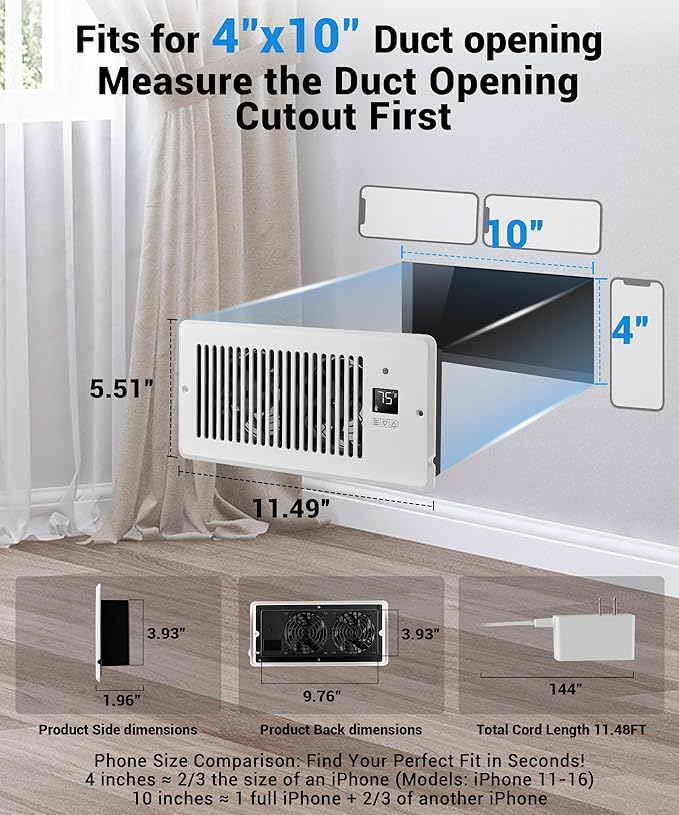 Window Register Booster Vent Fan For 4" x 10" Register Hole, Vent Booster Fan with LCD display & Thermostat,11-Speeds Household Ventilation Fans with Remote,Air Vents Fans Booster for Room, Home