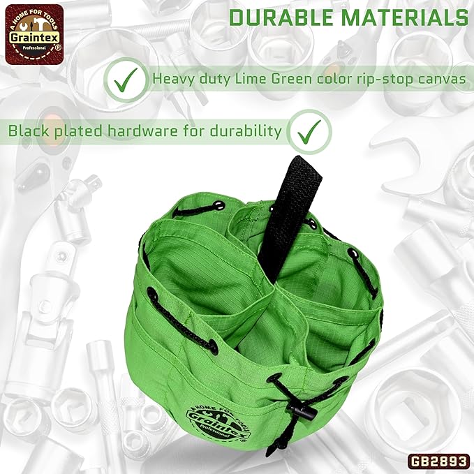 Graintex 18 Pockets Grab Bag Rip-stop Canvas Drawstring Closure, Small Part Organizer Pouch, Small Tools, Screws, Parts, Parachute Tool Bag for Efficient Storage - Lime Green