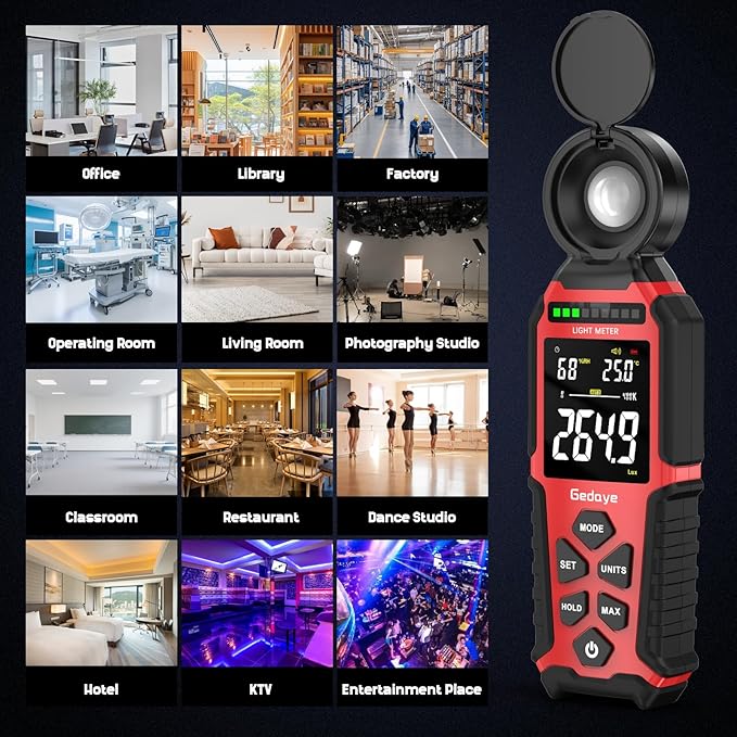 Light Meter Lux Foot Candles Meter 0~400,000 Lux Range, Large Backlit Display, Light Meter for Plants Luxmeter Light Meter Digital Illuminance Meter Handheld