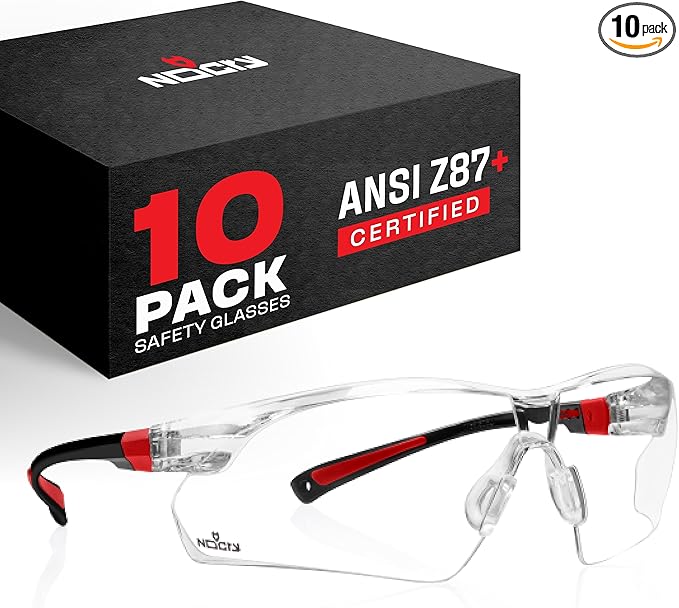 NoCry Safety Glasses with Clear Anti Fog Scratch Resistant Wrap-Around Lenses and No-Slip Grips, UV Protection. Adjustable, Black & Red Frames (10 pack)
