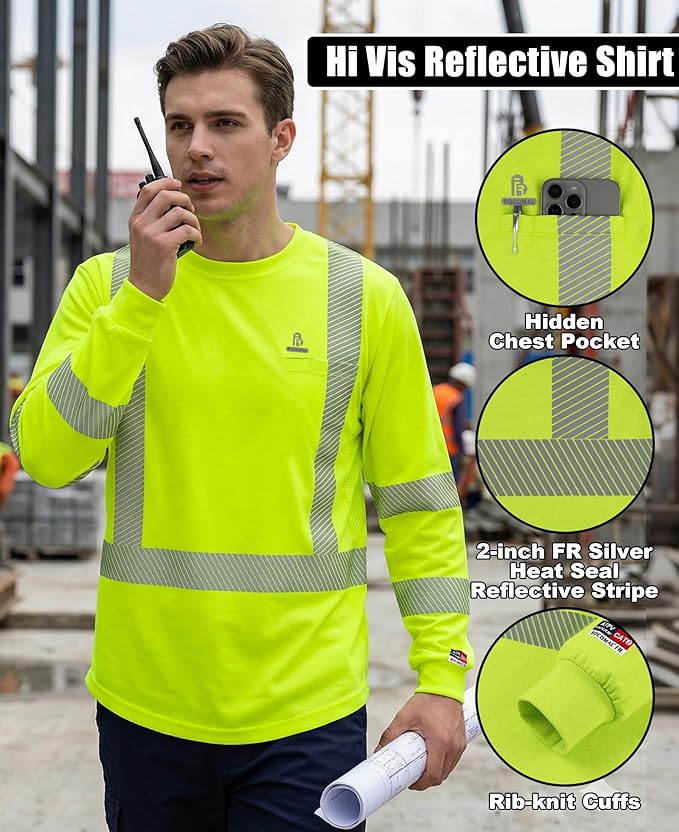 BOCOMAL Reflective FR Shirts High Visibility Summer Vented Mesh Long Sleeve Crewneck Lightweight Flame Resistant Workwear