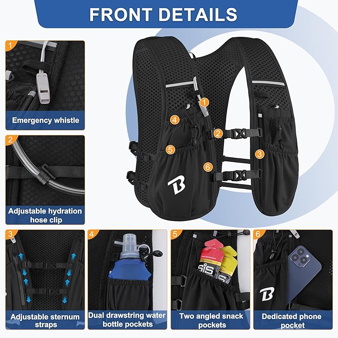 Running Vest Hydration Backpack for Men Women, 5L Lightweight Running Backpack Hydration Pack for Marathon, Trail, Cycling, Hiking, Jogging