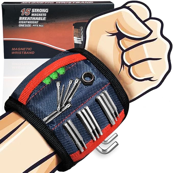 Magnetic Wristband for Holding Screws, Magnetic Tool Holder with 15 Strong Magnets Perfect Tool Gifts for Dad Father Husband, Carpenter, Woodworker (Blue)