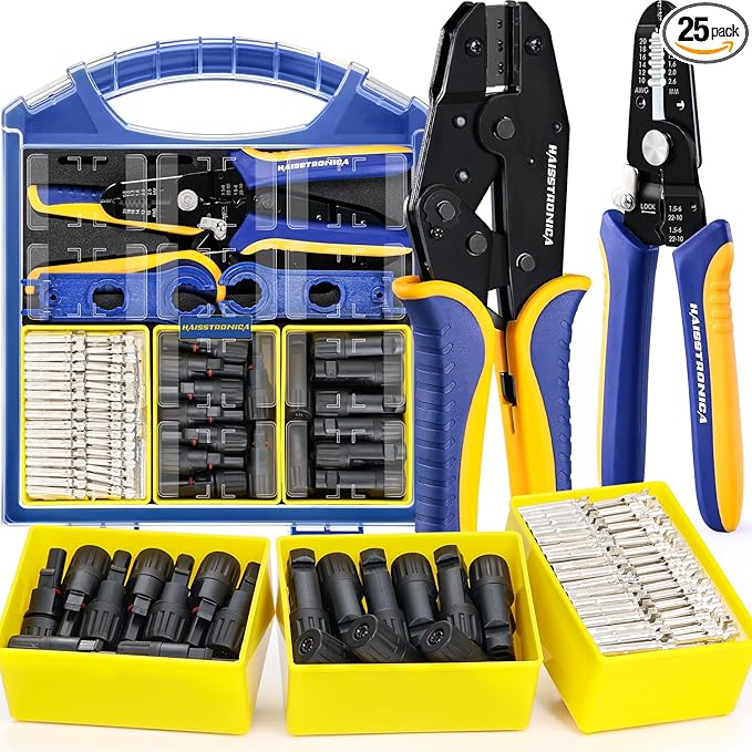 haisstronica 25PCS Solar Crimping Tool Kit, 20 Pairs MC4 Connectors AWG14-10(2.5/4/6mm²) with Stripper and Spanners for Solar Panel PV Cable Installation