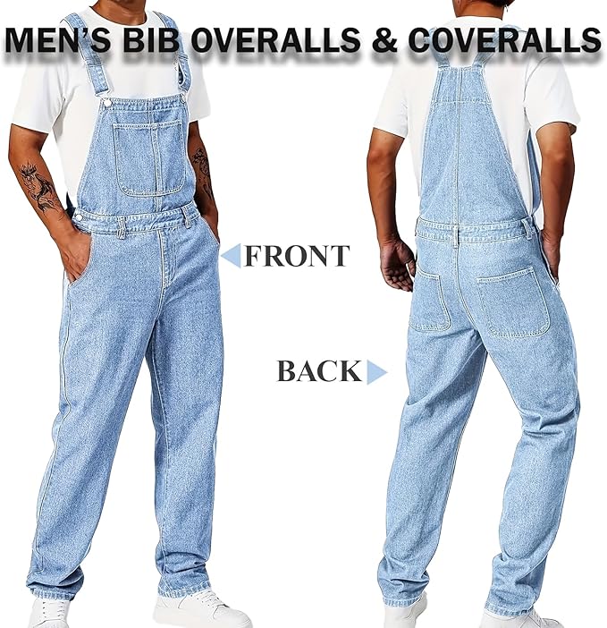 Men's Bib Overall Relaxed Fit Adjustable Strap Denim Work Pants with Large Pockets Durable Comfortable Jumpsuit for Men