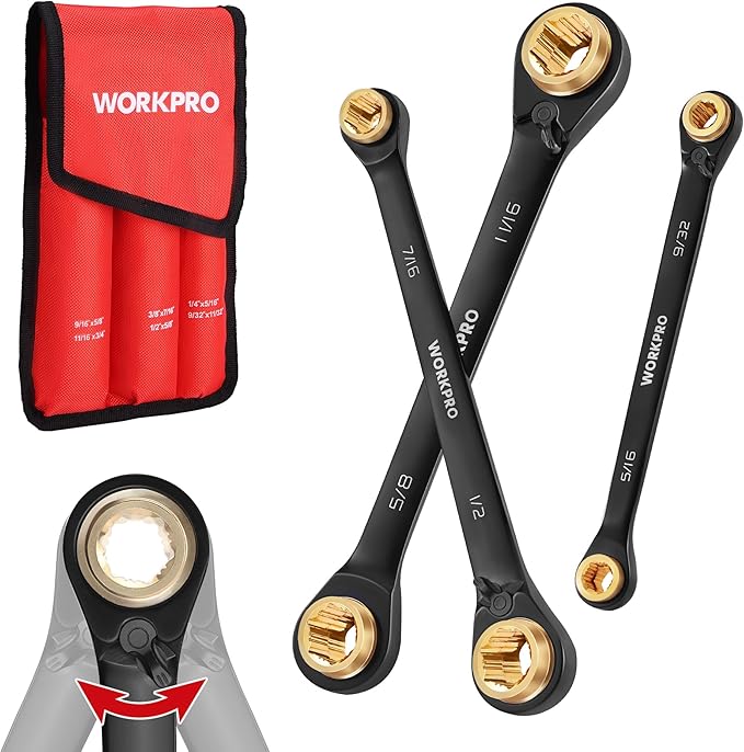 WORKPRO 3-Piece 4-in-1 Reversible Ratcheting Wrench Set, 12 Sizes in 3 Wrenches (1/4"-3/4"), SAE, Anti-Slip, Double Box End, 72-Tooth, CR-V, 6-Point, with Storage Bag - for Repair & Maintenance