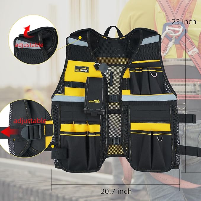 MELOTOUGH Tool Vest Reflective Safety Tool Vest with Removable Phone Holder,Retractable Pen Holder for Handyman,Electrician,Carpenters(Yellow)