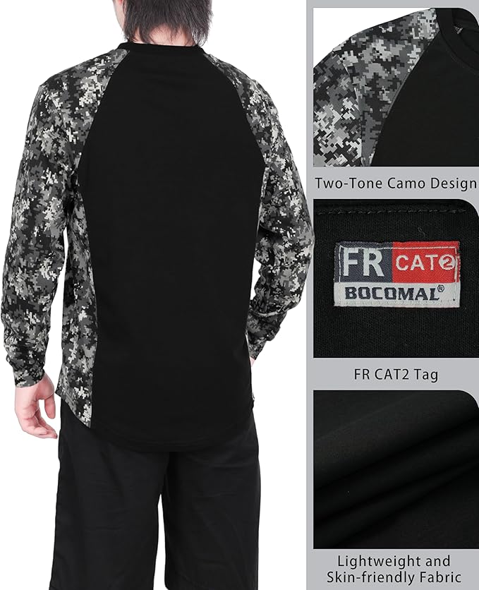 BOCOMAL FR Shirts Crewneck 5.5oz Lightweight Cotton Paisley Camo Two-Tone Flame Resistant Long Sleeve CAT2 Work Shirt
