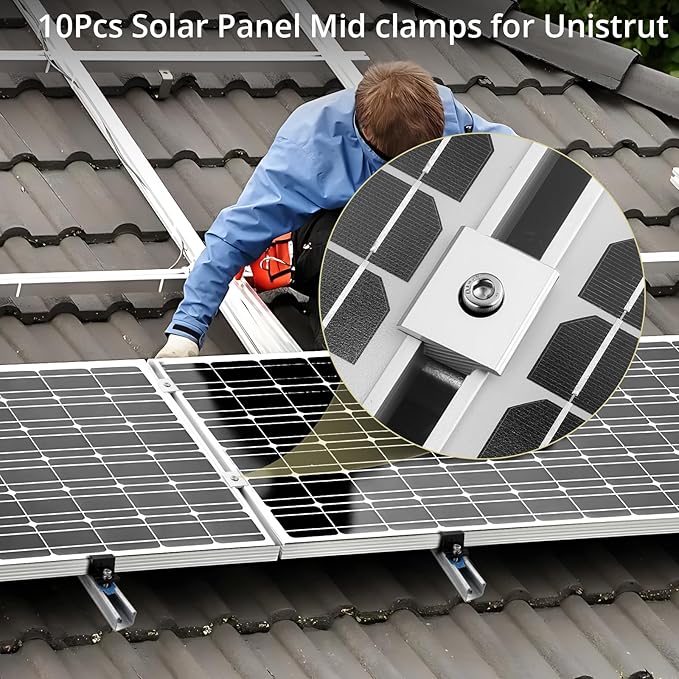 Anbte 10pcs Solar Panels Mid Clamps for Standard Unistrut, Aluminium Solar Panel Brackets 30mm/35mm, Mounting Kit for Metal Roof, Tin Roof, Flat Roof, Sheet Roof, Silver