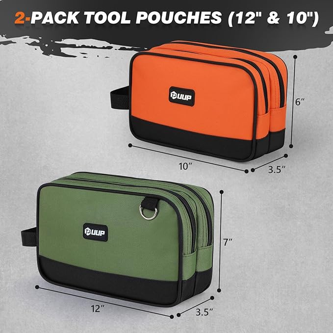 12 10" Small Tool Bag 2 Pack, Zipper Tool Pouch 2 Compartments, Utility ToolBag with Carrying Handle, Toolbox Organization, Screwdriver Storage Tool Box, Mechanic Men Dad Gifts, Orange/Green