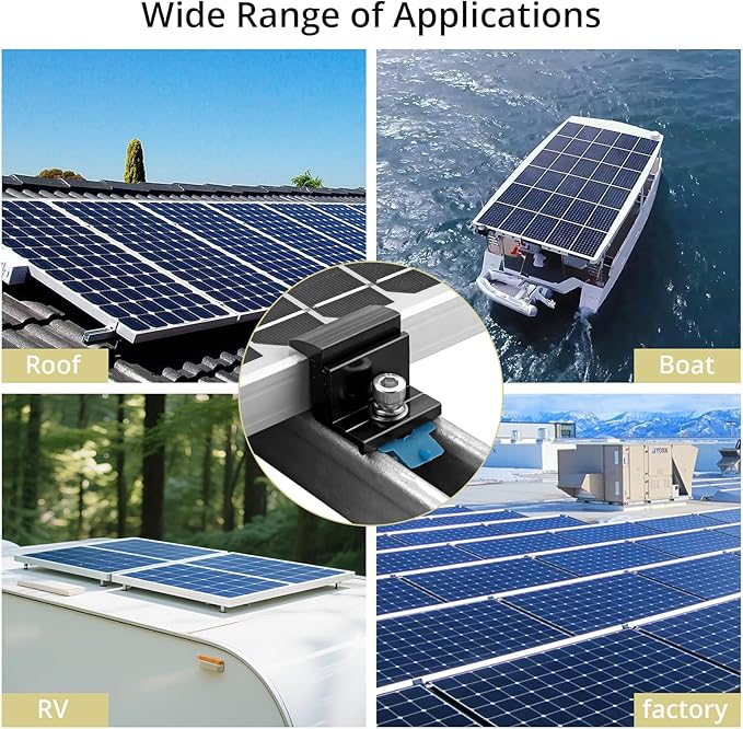Anbte 10pcs Adjustable Solar Panel End Clamp for Unistrut, 30-50mm Aluminum Solar Panel Mounting Brackets with Nuts Bolts and Wrench, for Metal Roof, Tin Roof, Flat Roof, Sheet Roof, RV, Black