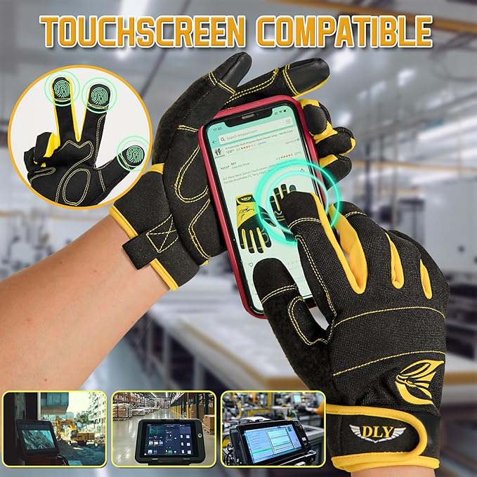 DLY Heavy Duty Work Gloves, Impact Protection Mechanic Gloves, Synthetic Leather Work Gloves, Touchscreen Capable