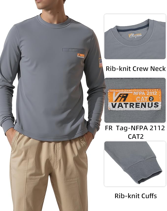 VATRENUS FR Shirt for Men Crewneck Midweight Utility Pocket Fire Resistant Long Sleeve Work Shirts NFPA2112 CAT2
