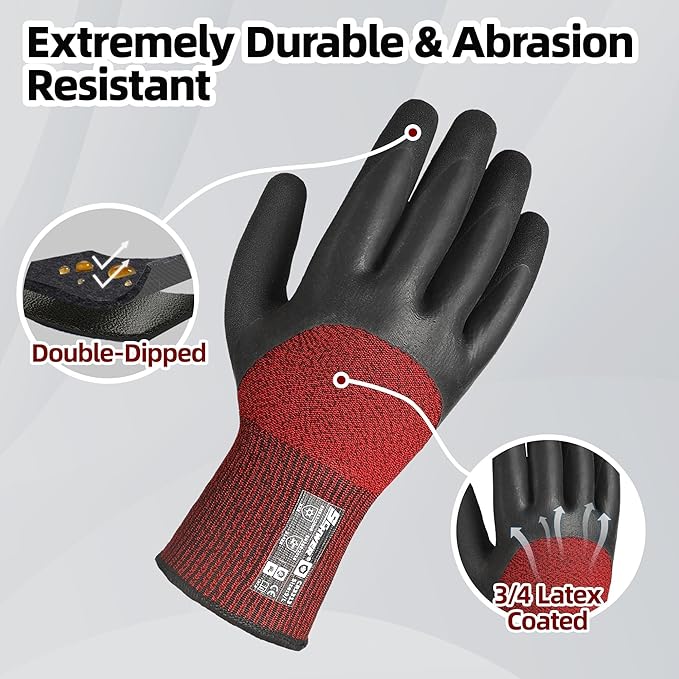 Schwer 6 Pairs Winter Work Gloves with 3/4 Double-Dipped Coating, Thermal Insulated Gloves with Grip & Abrasion Resistance, ANSI A2 Cut Resistant Warm Glove for Cold Weather, Snow, L, CR3313