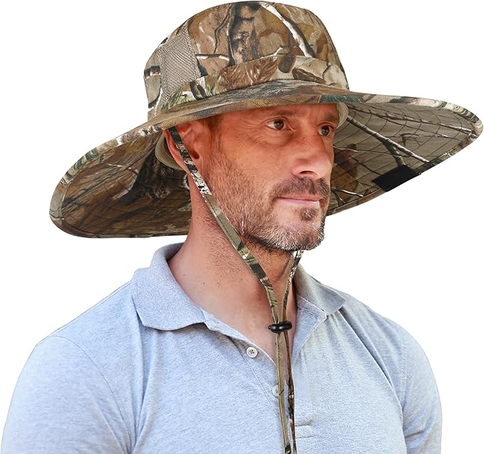 Men Safari Sun Hat Wide Brim Boonie Fishing Cap with Adjustable Drawstring