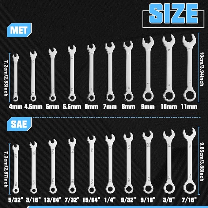 20Pcs Ultra-Thin Standard Metric and SAE 4mm-11mm & 5/32"-7/16" Mini Wrench Set Stainless Steel Open End and Box End Combination Wrench Set with Circle Ring,Gate Clip in Pouch