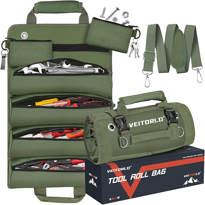 Roll Up Tool Bag, Gifts for Him Men Dad Husband Boyfriend Fathers Day, Portable Tools Storage for Men, Heavy Duty Tool Organizer W/Detachable Pouches for Electrician Mechanic Carpenter