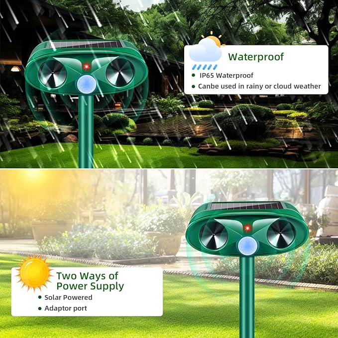 2026 Upgraded Solar Ultrasonic Animal Repellent Outdoor Deer Repellent Devices Motion Detection for Raccoon Squirrel Rabbit Dog Cat Deterrent Keep Chipmunk Rodent Away from Yard Lawn,4Pack