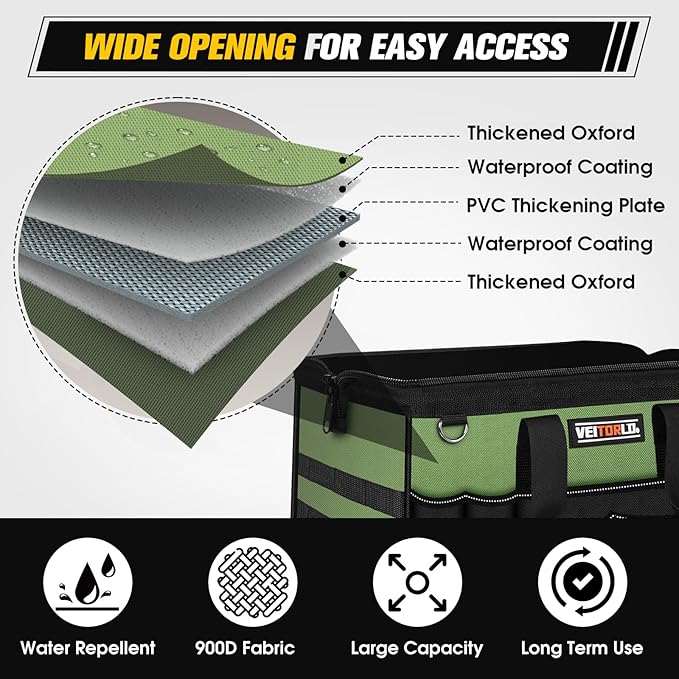 16-Inch Heavy Duty Tool Bag, 19-Pockets Tool Box Organizer, Portable Toolbag W/Soft Handle for Organized Storage, Mechanic Gifts for Men Dad Husband Fathers Day, Wide Mouth Electrician Toolbox, Green