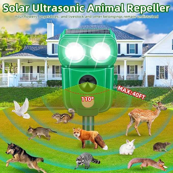 2026 Upgraded Solar Ultrasonic Animal Repellent Outdoor, Raccoon Fortress Pro with Motion Sensor & LED Flashing Light, Waterproof Cat Repellent Outdoor, Deer Deterrent for Yard Garden Orchard 2 Pack