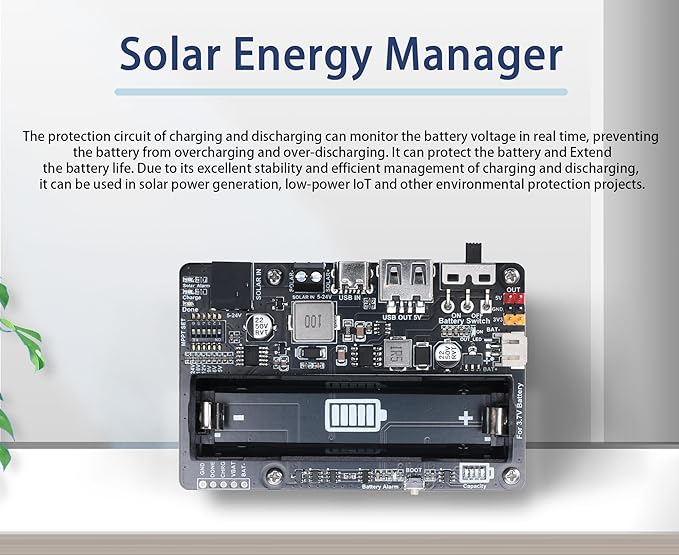 Solar Energy/Power Manager Module, Solar Power for 5V-24V Solar Panel, Supports Solar Panel or USB Port Ba-ttery Charging