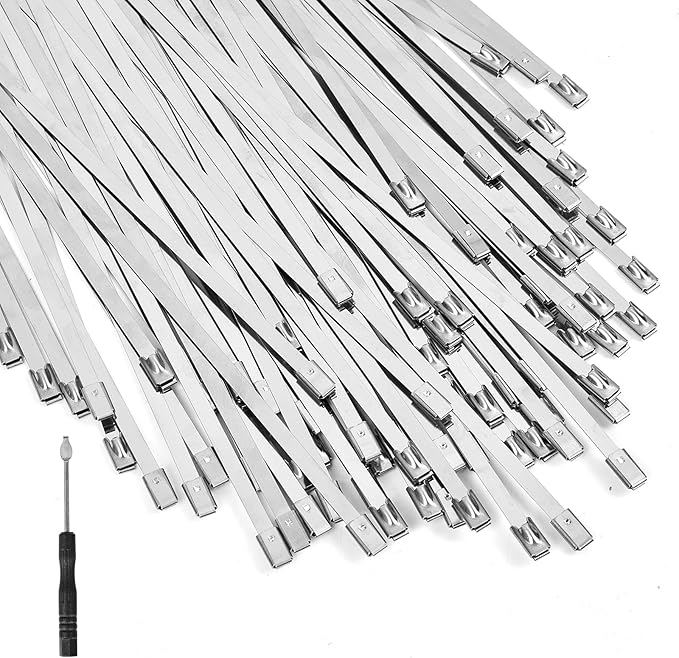 Metal Zip Ties 11.8 inch 100pcs 304 Stainless Steel Zip Ties Heavy Duty Multi-Purpose Self-Locking Cable Ties for Machinery, Vehicles, Exhaust Wrap, Farms, Pipes, Roofs, Cables, and Outdoor Fence