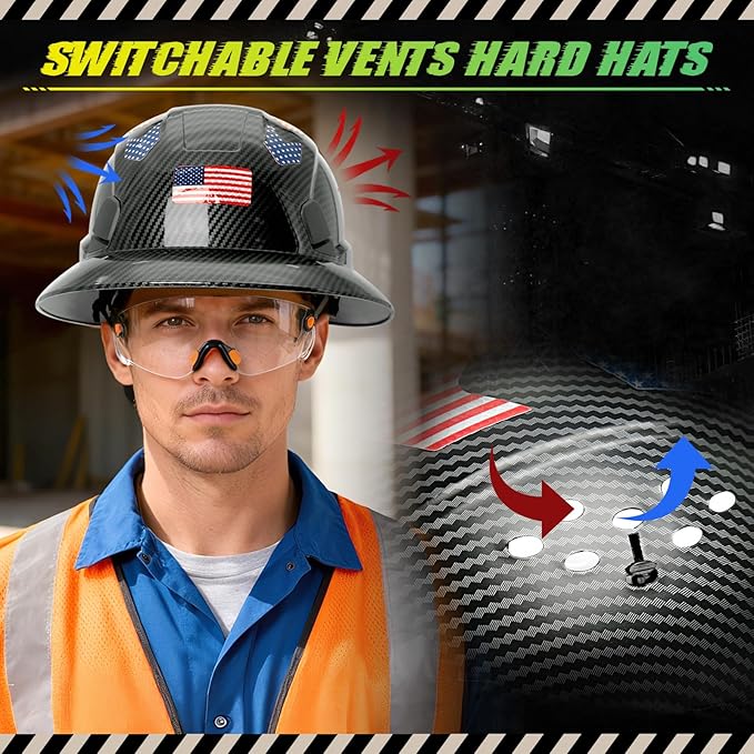 Carbon Fiber Pattern Full Brim Hard Hat with Visor-OSHA Approved Construction Safety Helmet for Men Women,ANSI Z89.1 Vented Reflective Hardhat with Hard Hat Chin Strap,6-Point Suspension