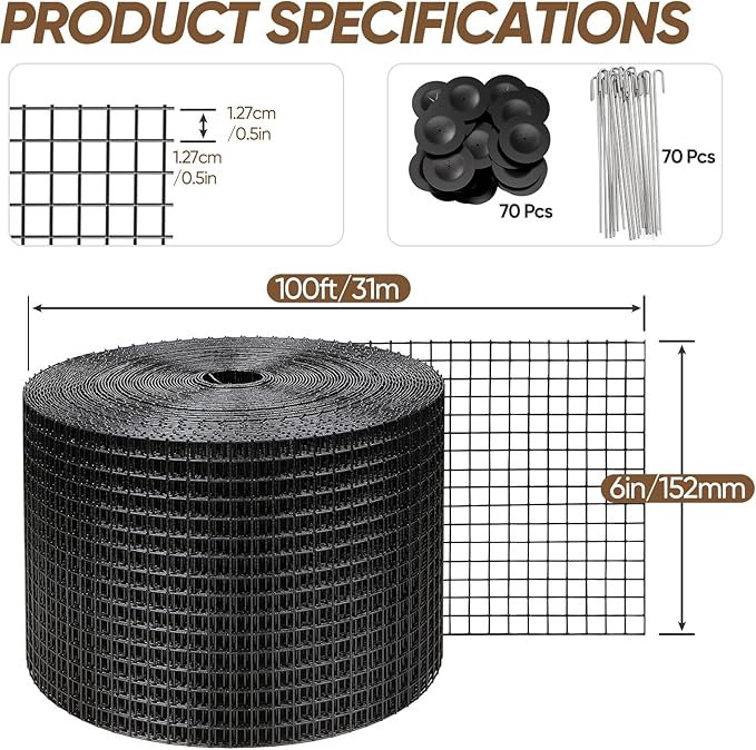6" x 100ft Solar Panel Bird Guard, Protection Net 1/2" Mesh PVC Coated Galvanized Steel, Animal Barrier with 70 Fastener Clips for Roof Solar Panels (6in X 120ft)