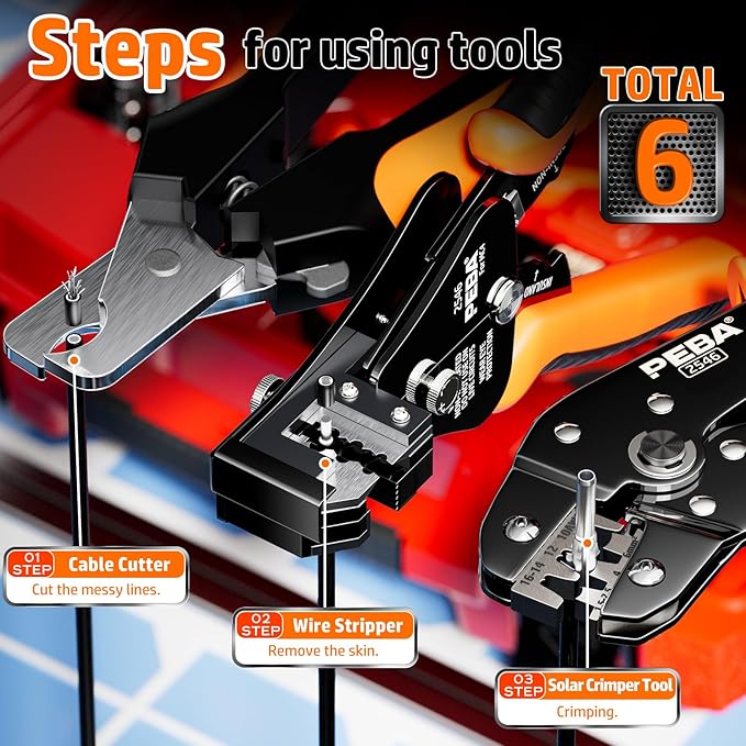 PEBA Solar Crimping Tool - Solar Crimper for AWG16/14/12/10 Solar PV Wire, with 12 Pcs Connectors, Wire Stripper, Cable Cutter, Connector Spanner Wrench, Complete Solar Assembly Tool Box