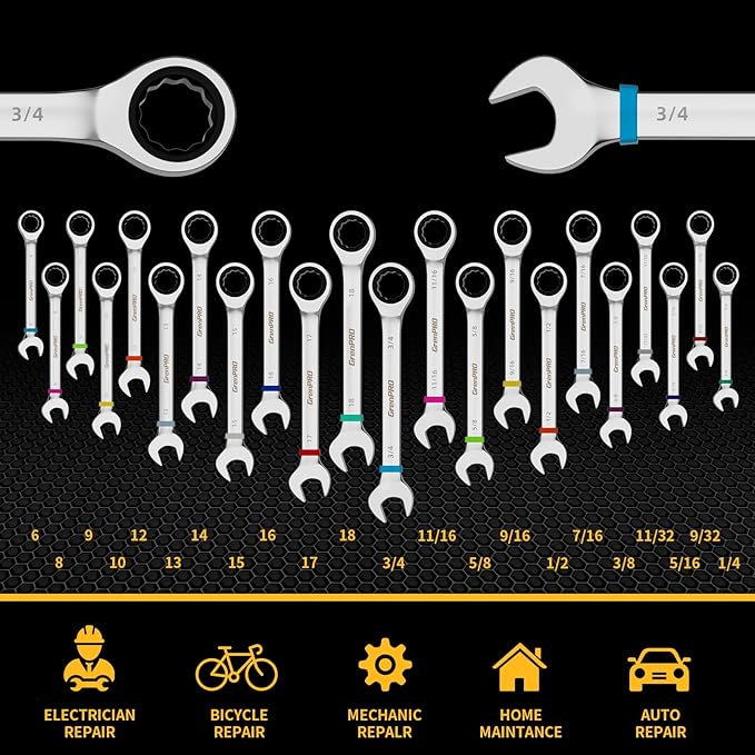 Ratcheting Wrench Set, 23PCS Combination Wrench Sets, Wrench Set Metric and Standard & SAE, 6-18mm & 1/4" to 3/4" with Color Ring, Ratchet Set With Roll Up Pouch, CRV Socket Mechanic Tool Sets