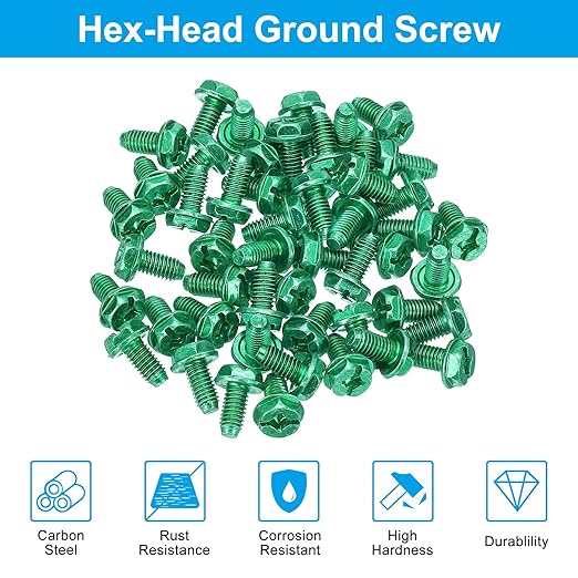 PATIKIL 10-32 x 3/8 Inch Hex Washer Head Grounding Screws, 50 Pack Green Ground Hex Flanged Head for Electrical Junction Boxes, Metal Outlet and Switch Boxes