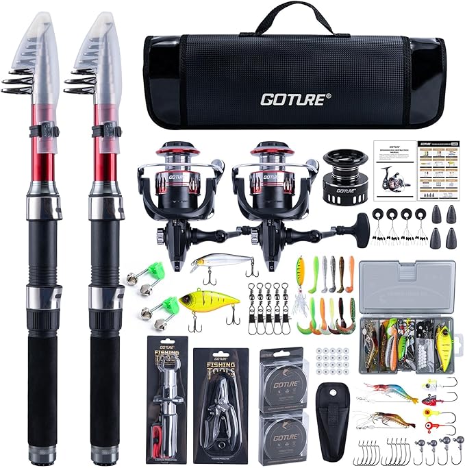 Goture Fishing Rod and Reel Combos-2PCS Telescopic Fishing Pole+2PCS Pre-Loaded Spinning Reels with Carrier Bag,1.8M-2.7M Telescopic Rod Reel Kit for Starter Travel Saltwater Freshwater,Gifts for Men