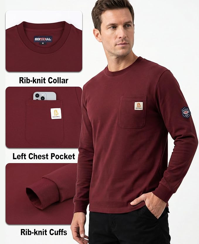 BOCOMAL FR Shirts Crewneck 7oz Midweight Flame Resistant Clothing NFPA2112 CAT2 Men's Fire Retardant Work Shirt