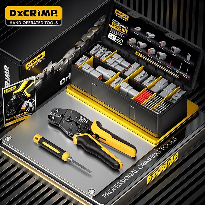 DTM Deutsch Series Connector Crimping Tool Kit, 2/3/4/6 Pin Miniature Waterproof Connectors, Size 20 Contacts (22-16 AWG), Ratcheting Crimper & Removal Tool for Sensors ECU, Fits Deutsch DTM