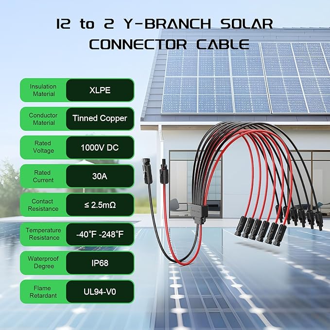 Bateria Power Solar Connectors for 6 Solar Panels, IP68 Waterproof Solar Panel Connectors Splitter, 12 to 2 Y Branch Parallel Adapter for Solar Cable Extension