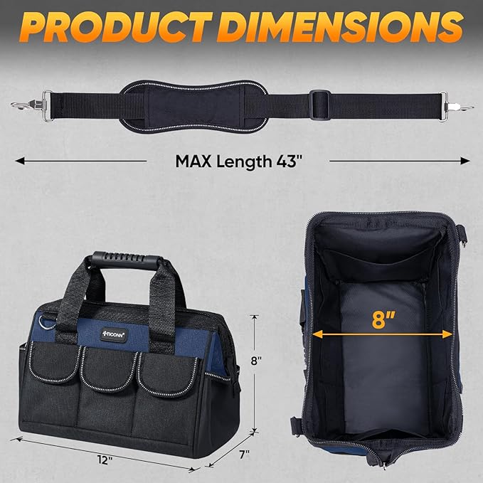 TICONN Heavy Duty Tool Bag with Multi-Pockets, Portable Tool Box Organizer Storage Bag, with Adjustable Shoulder Strap and Ergonomic Handle (Blue, 12" Standard Base)